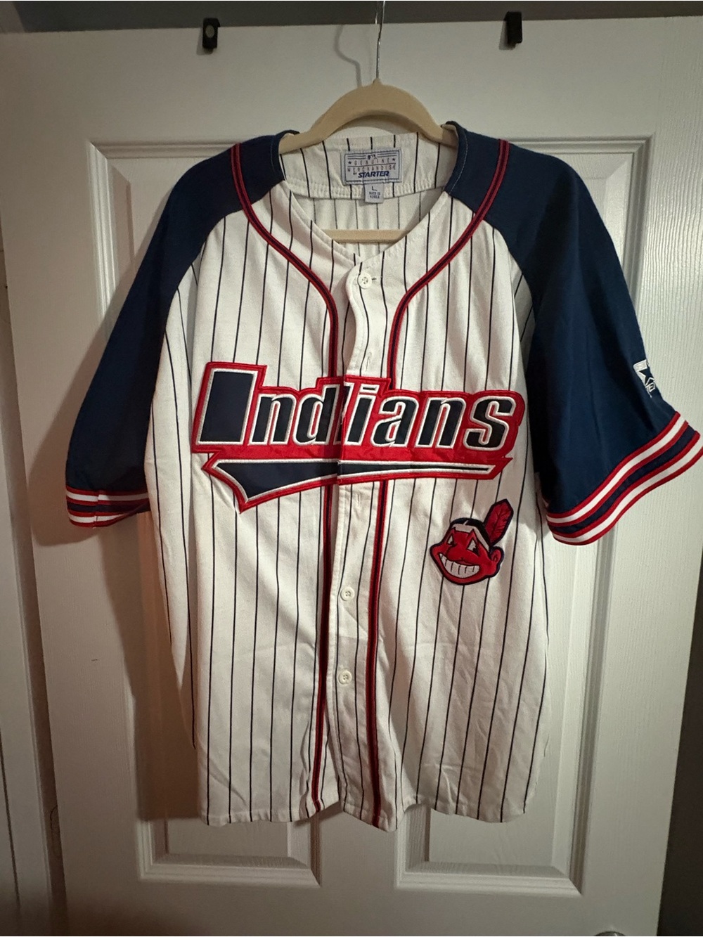 STARTER White Pinstripe Indians Baseball Jersey with Navy & Red Accents
